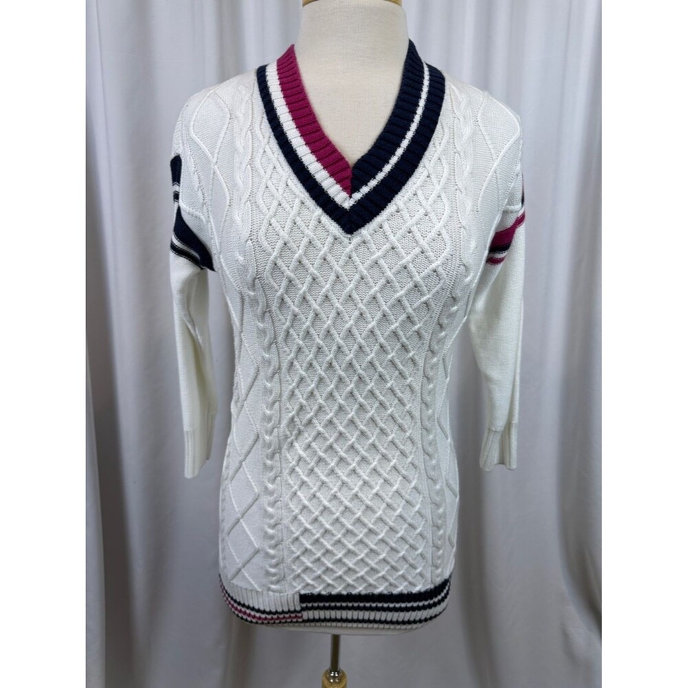 Free Assembly Women's Striped V-Neck Sweater in White, Navy & Pink, Medium